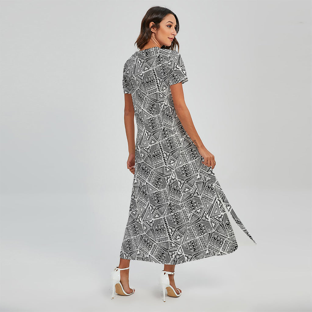 Ancient Aztec Tribal Pattern Print Short Sleeve Maxi Dress