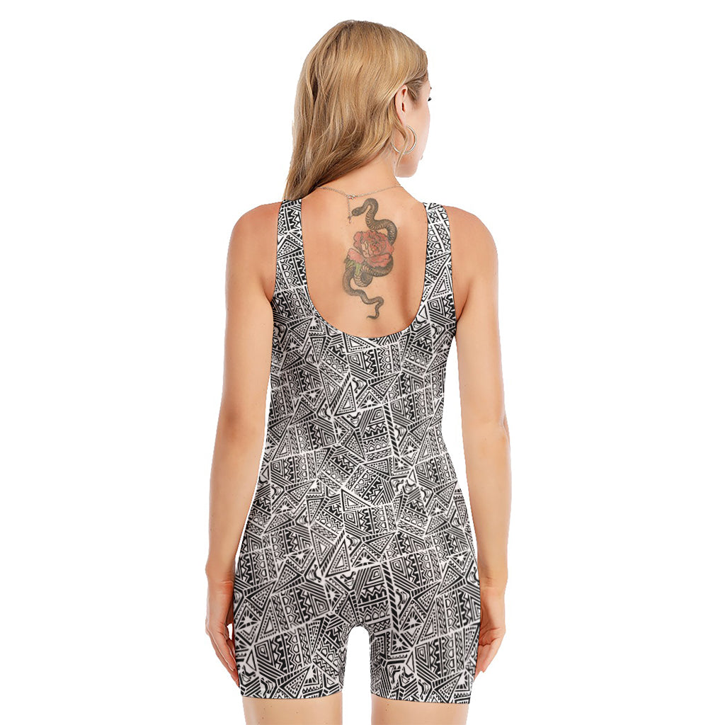 Ancient Aztec Tribal Pattern Print Sleeveless One Piece Swimsuit