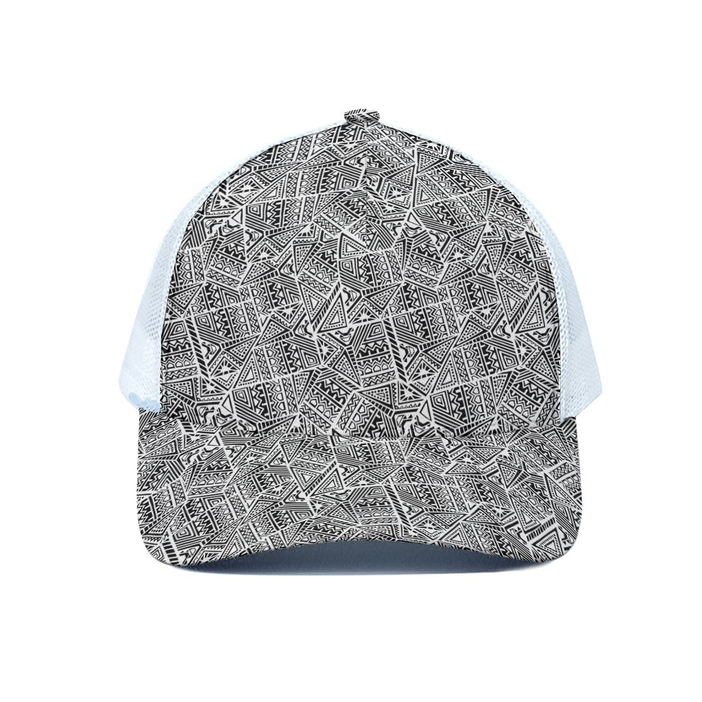Ancient Aztec Tribal Pattern Print White Mesh Trucker Cap
