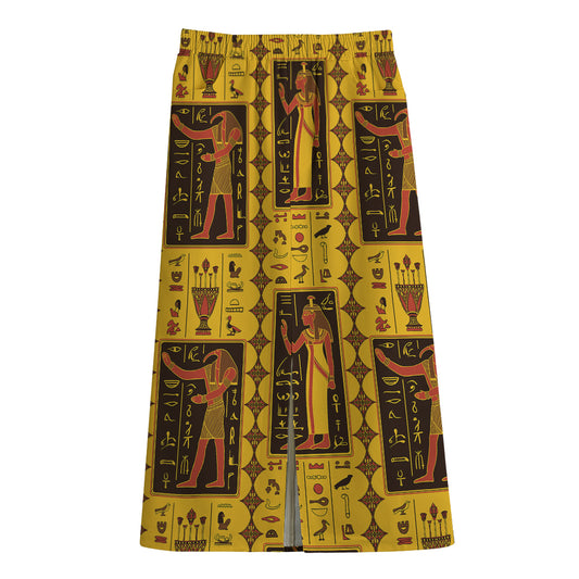 Ancient Egypt Pattern Print Cotton Front Slit Maxi Skirt