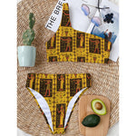Ancient Egypt Pattern Print One Shoulder Bikini Top