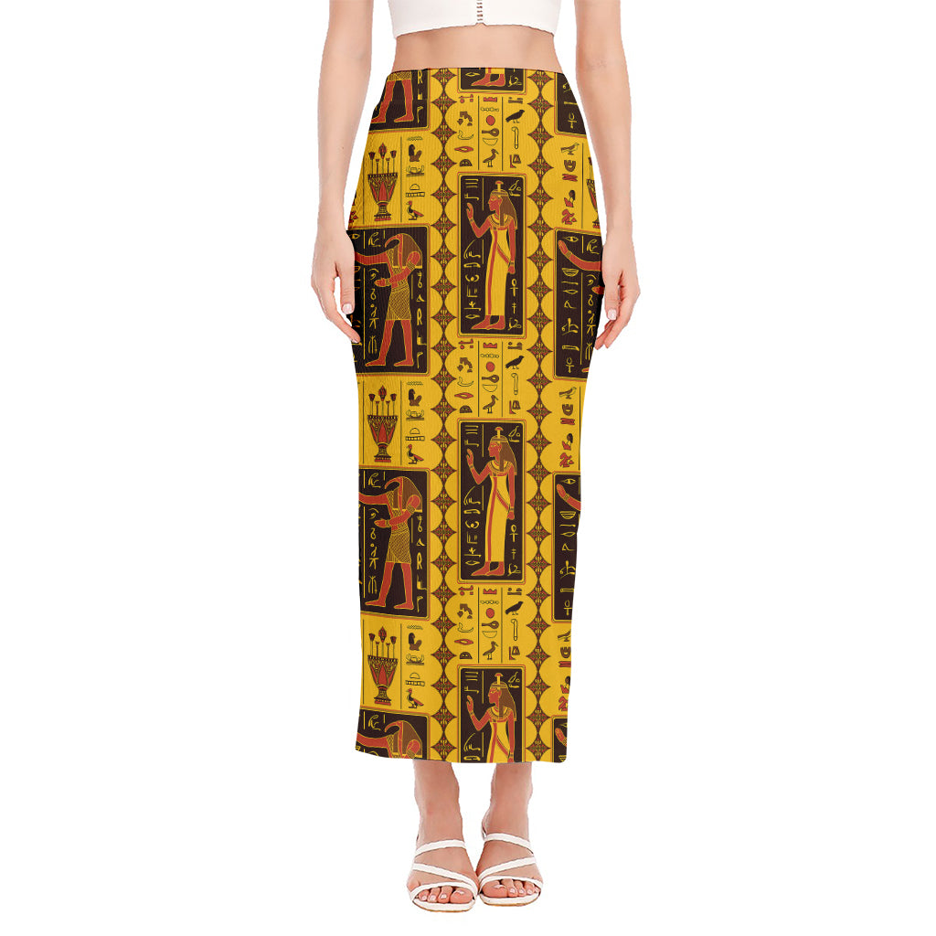 Ancient Egypt Pattern Print Side Slit Maxi Skirt