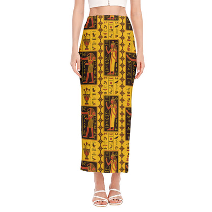Ancient Egypt Pattern Print Side Slit Maxi Skirt