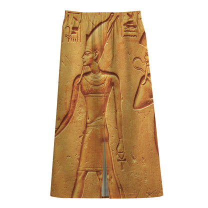 Ancient Egyptian Gods Print Cotton Front Slit Maxi Skirt
