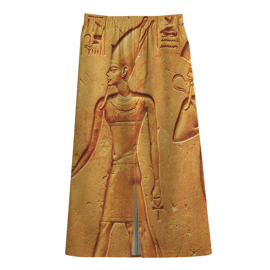 Ancient Egyptian Gods Print Cotton Front Slit Maxi Skirt