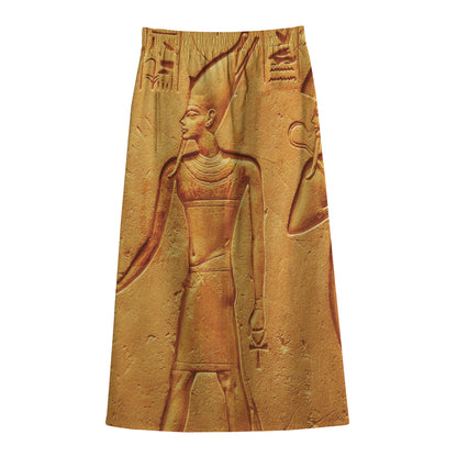 Ancient Egyptian Gods Print Cotton Front Slit Maxi Skirt