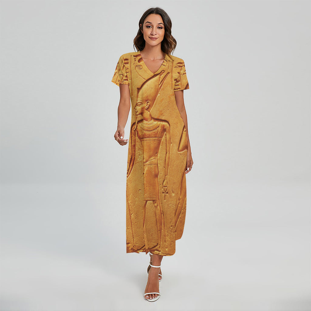 Ancient Egyptian Gods Print Short Sleeve Maxi Dress