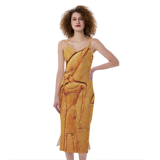 Ancient Egyptian Gods Print Slim Fit Midi Cami Dress