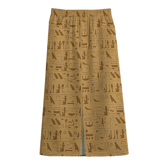 Ancient Egyptian Hieroglyphs Print Cotton Front Slit Maxi Skirt