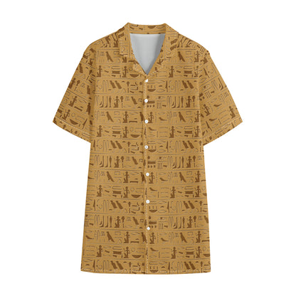 Ancient Egyptian Hieroglyphs Print Cotton Hawaiian Shirt