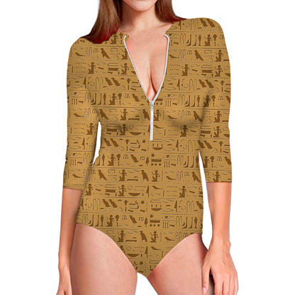 Ancient Egyptian Hieroglyphs Print Long Sleeve Swimsuit