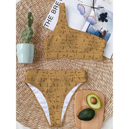 Ancient Egyptian Hieroglyphs Print One Shoulder Bikini Top