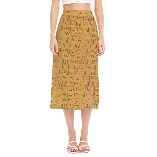Ancient Egyptian Hieroglyphs Print Side Slit Midi Skirt