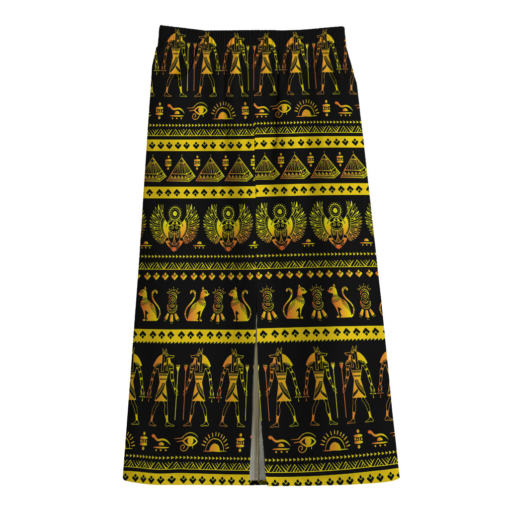Ancient Egyptian Pattern Print Cotton Front Slit Maxi Skirt