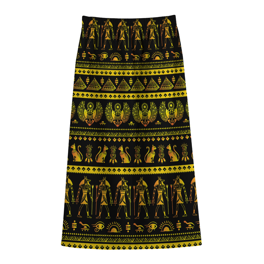 Ancient Egyptian Pattern Print Cotton Front Slit Maxi Skirt