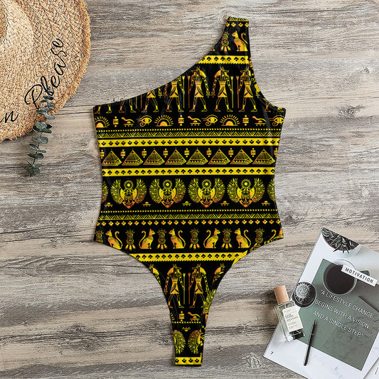 Ancient Egyptian Pattern Print One Shoulder Bodysuit