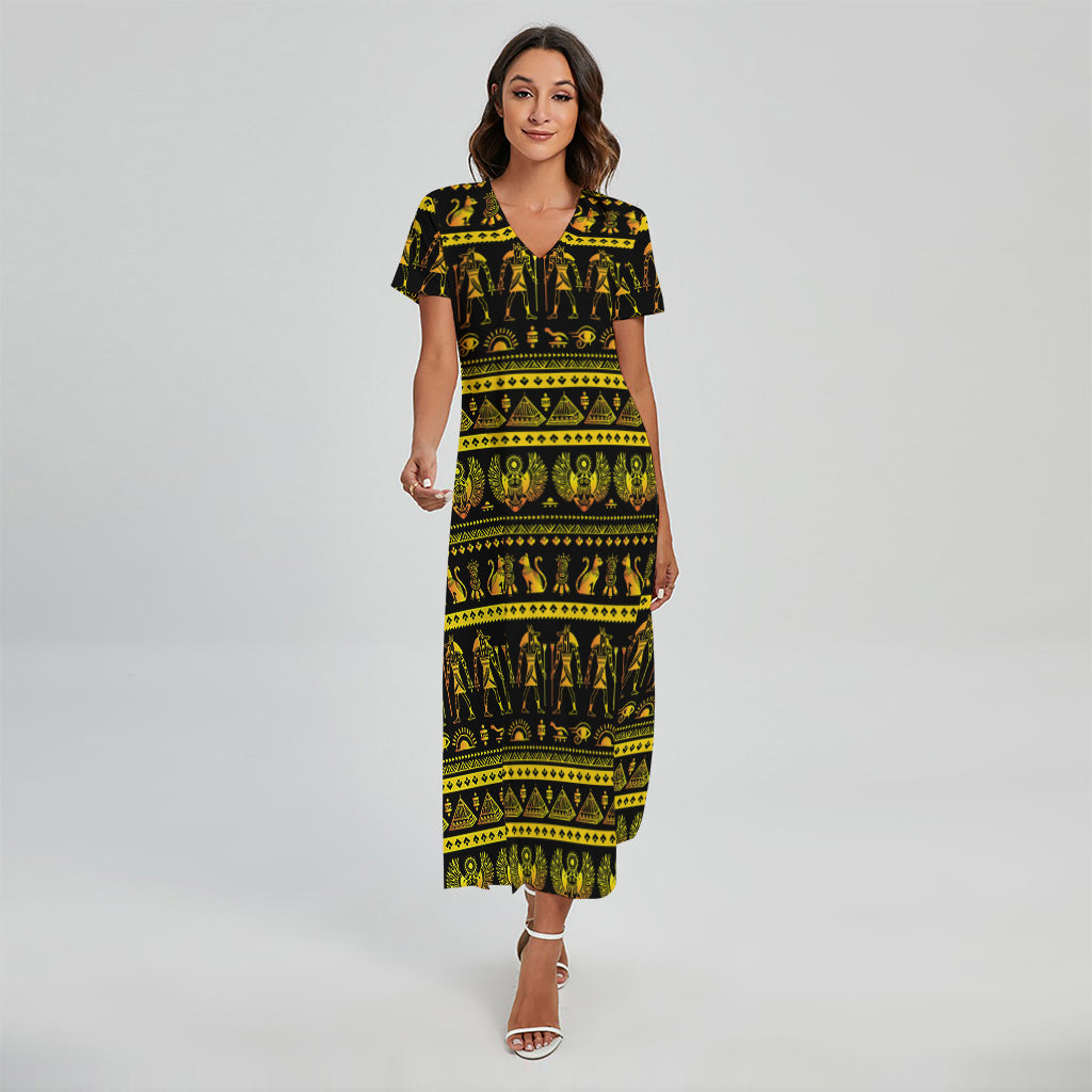 Ancient Egyptian Pattern Print Short Sleeve Maxi Dress