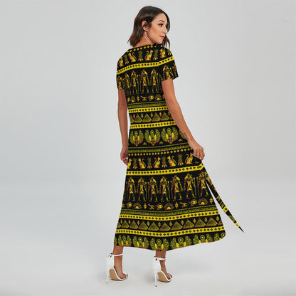 Ancient Egyptian Pattern Print Short Sleeve Maxi Dress