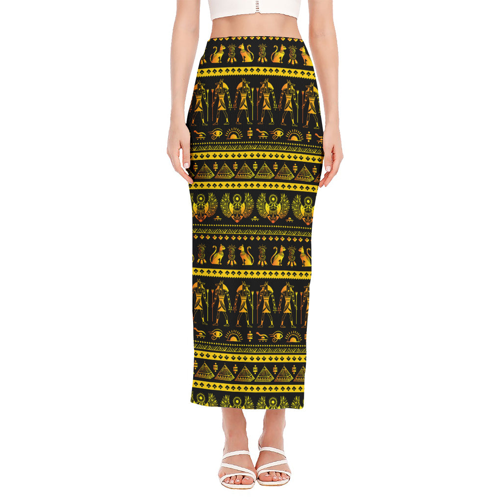 Ancient Egyptian Pattern Print Side Slit Maxi Skirt