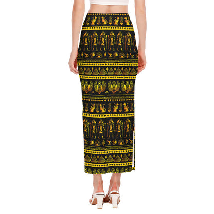 Ancient Egyptian Pattern Print Side Slit Maxi Skirt