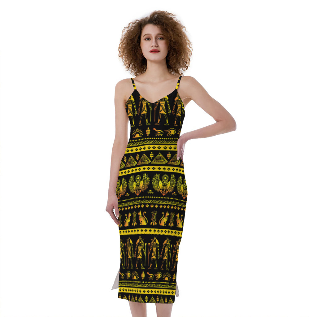 Ancient Egyptian Pattern Print Slim Fit Midi Cami Dress