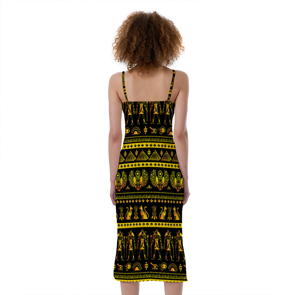 Ancient Egyptian Pattern Print Slim Fit Midi Cami Dress