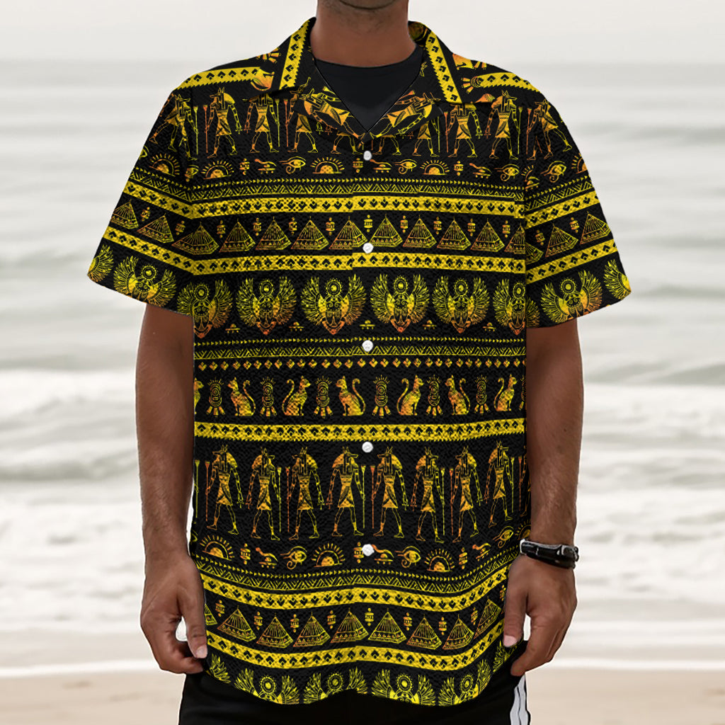 Ancient Egyptian Pattern Print Textured Short Sleeve Shirt