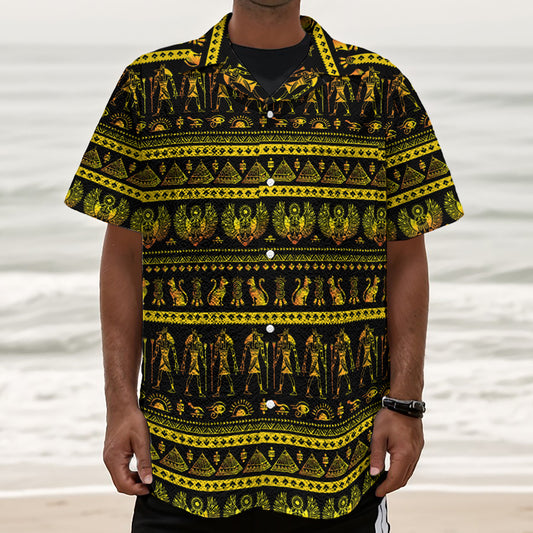 Ancient Egyptian Pattern Print Textured Short Sleeve Shirt