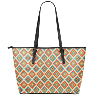 Ancient Geometric Navajo Print Leather Tote Bag