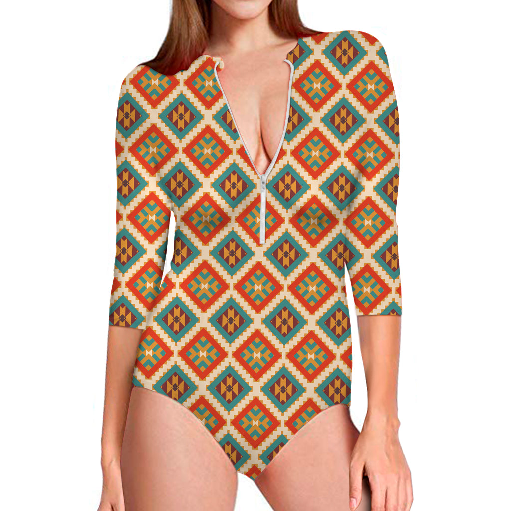 Ancient Geometric Navajo Print Long Sleeve Swimsuit