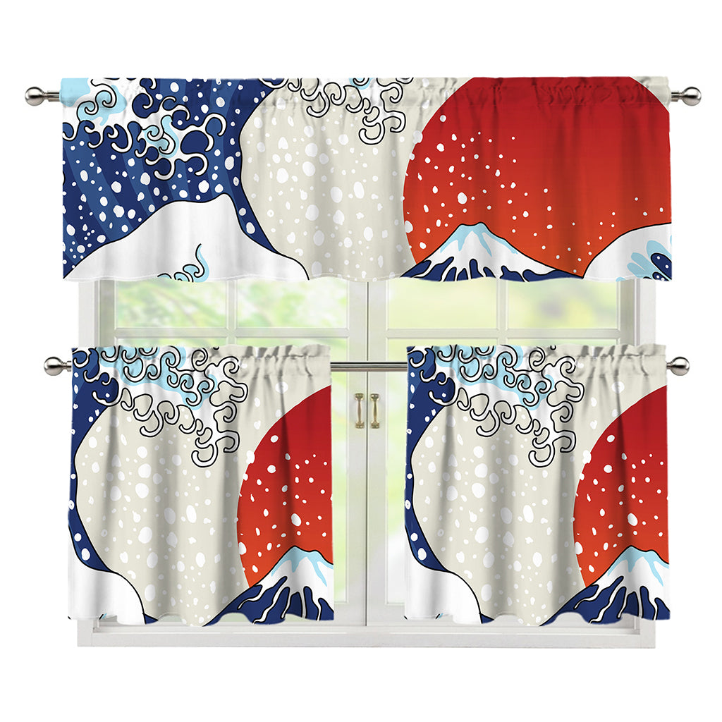 Ancient Great Japanese Wave Print 3 Piece Kitchen Curtains