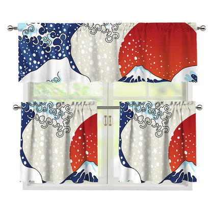 Ancient Great Japanese Wave Print 3 Piece Kitchen Curtains