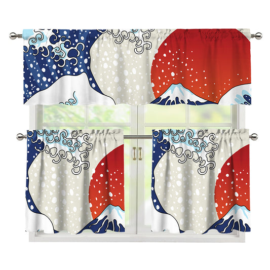 Ancient Great Japanese Wave Print 3 Piece Kitchen Curtains