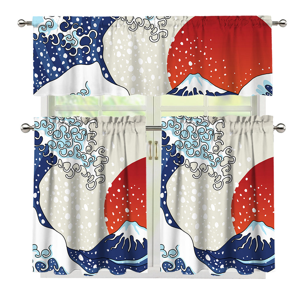 Ancient Great Japanese Wave Print 3 Piece Kitchen Curtains