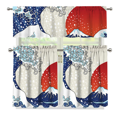 Ancient Great Japanese Wave Print 3 Piece Kitchen Curtains
