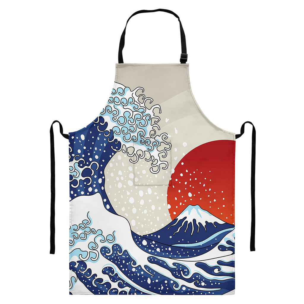 Ancient Great Japanese Wave Print Bib Apron With Pocket