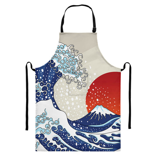 Ancient Great Japanese Wave Print Bib Apron With Pocket