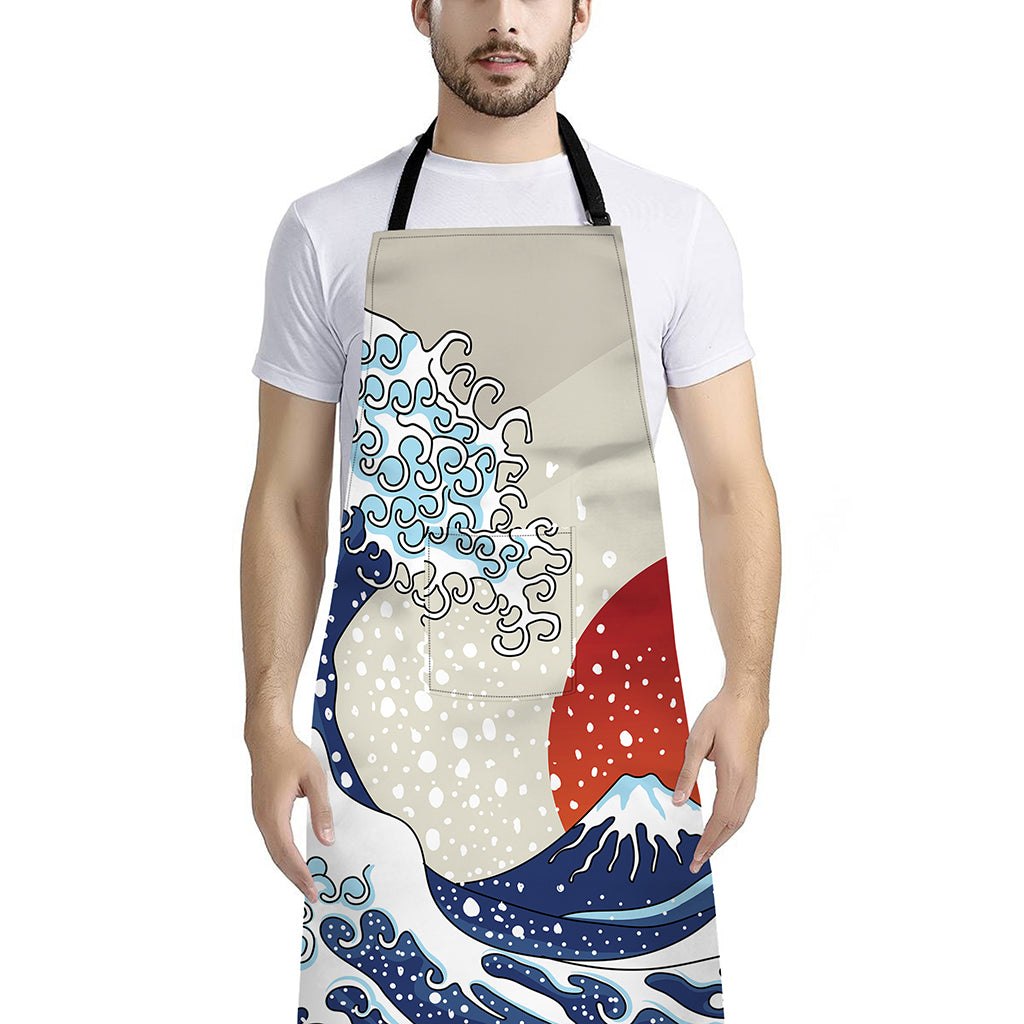 Ancient Great Japanese Wave Print Bib Apron With Pocket