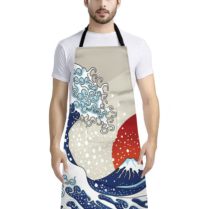 Ancient Great Japanese Wave Print Bib Apron With Pocket