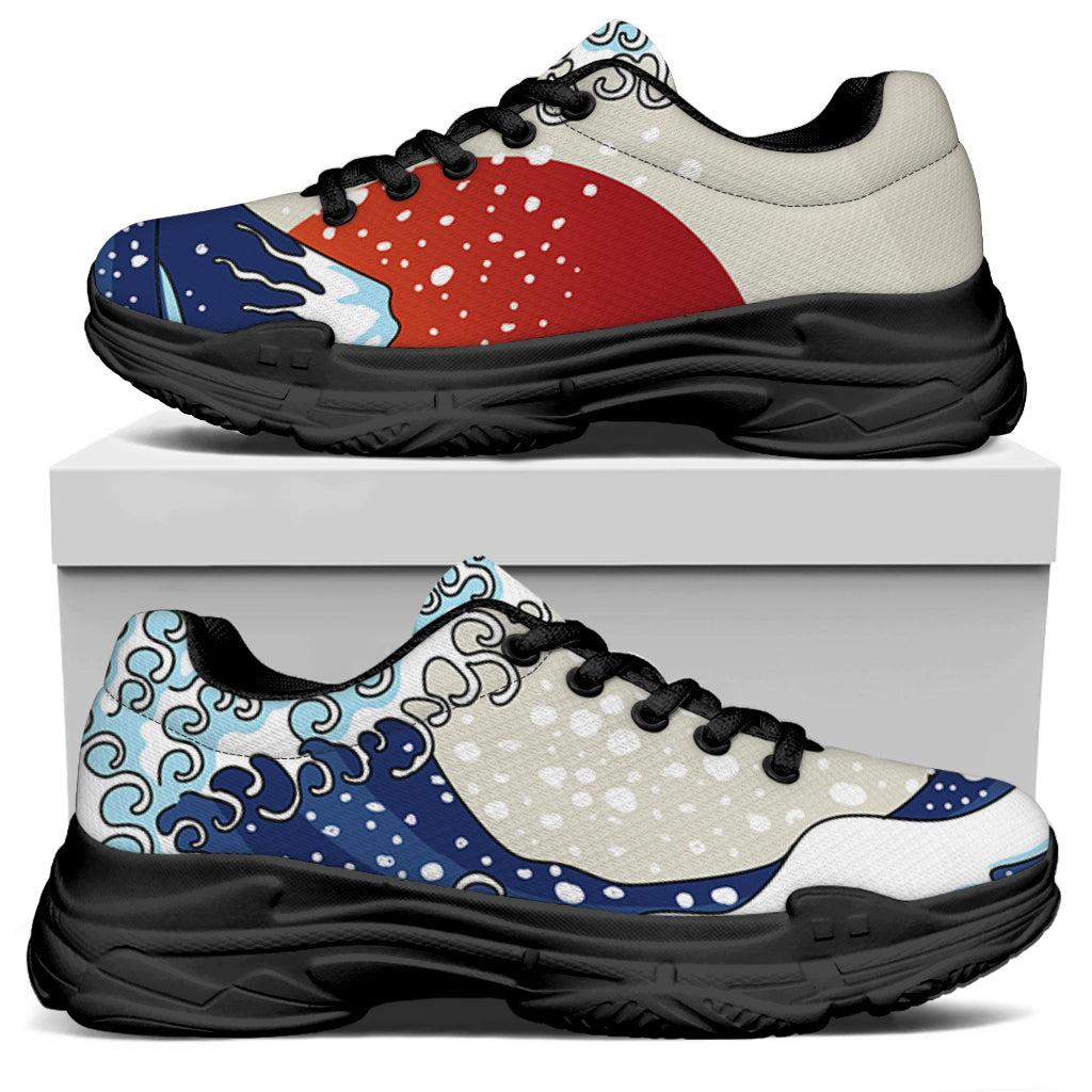 Ancient Great Japanese Wave Print Black Chunky Shoes