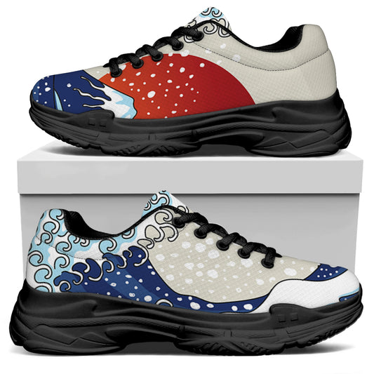 Ancient Great Japanese Wave Print Black Chunky Shoes