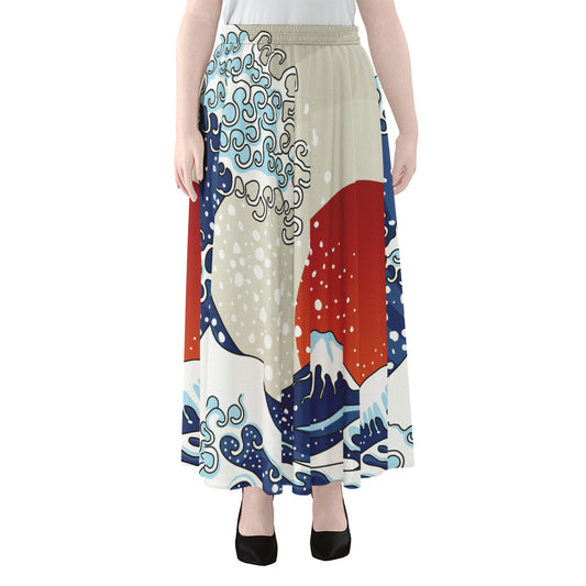 Ancient Great Japanese Wave Print Chiffon Maxi Skirt