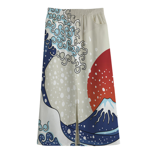 Ancient Great Japanese Wave Print Cotton Front Slit Maxi Skirt