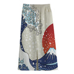 Ancient Great Japanese Wave Print Cotton Front Slit Maxi Skirt