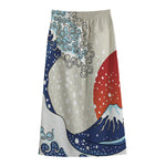 Ancient Great Japanese Wave Print Cotton Front Slit Maxi Skirt