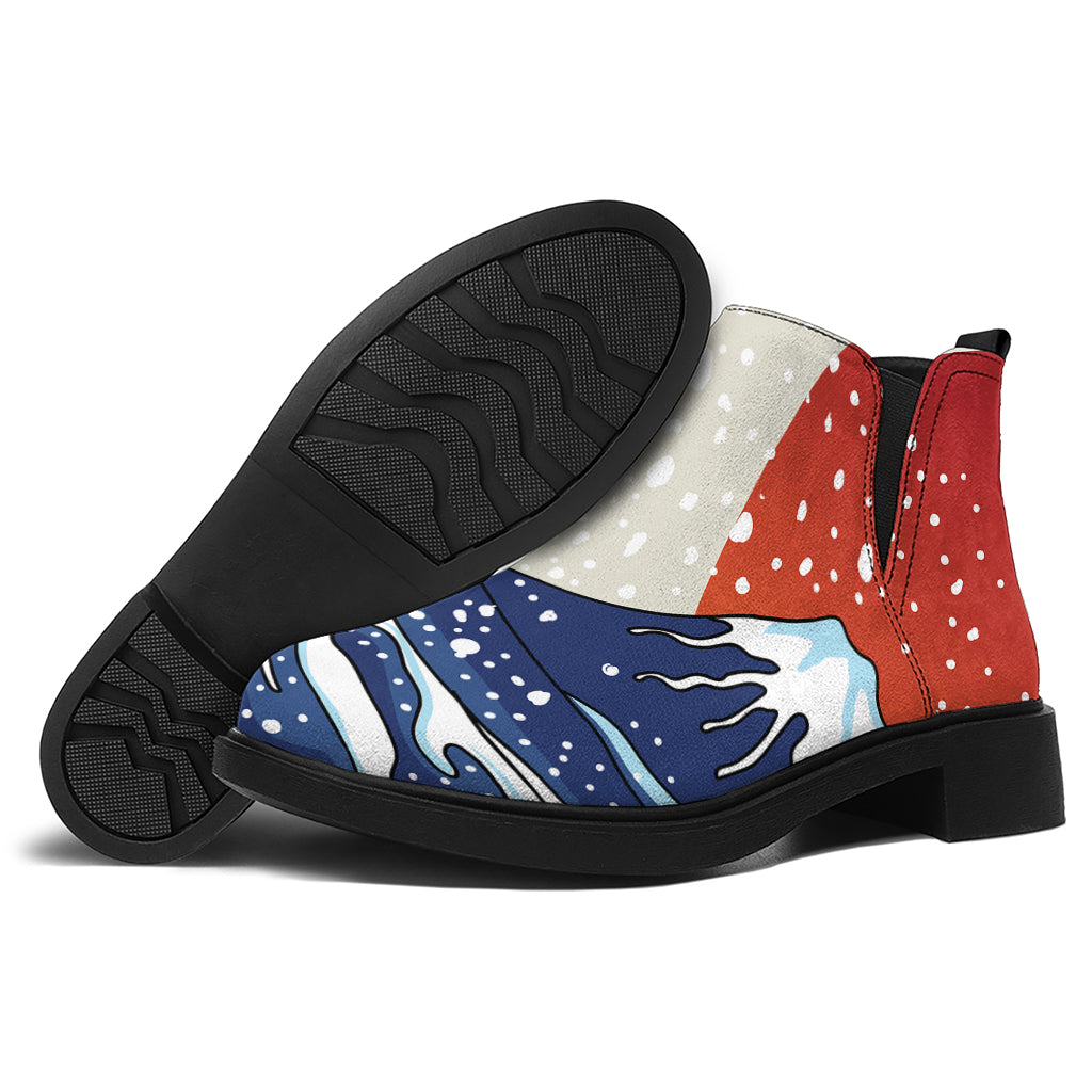 Ancient Great Japanese Wave Print Flat Ankle Boots