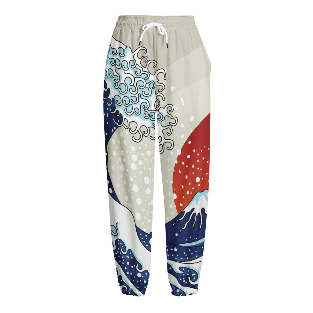Ancient Great Japanese Wave Print Fleece Lined Knit Pants