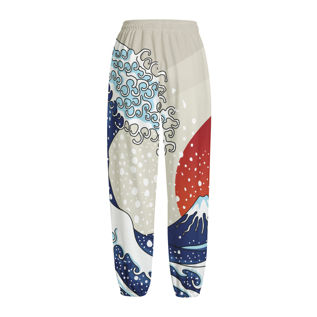 Ancient Great Japanese Wave Print Fleece Lined Knit Pants