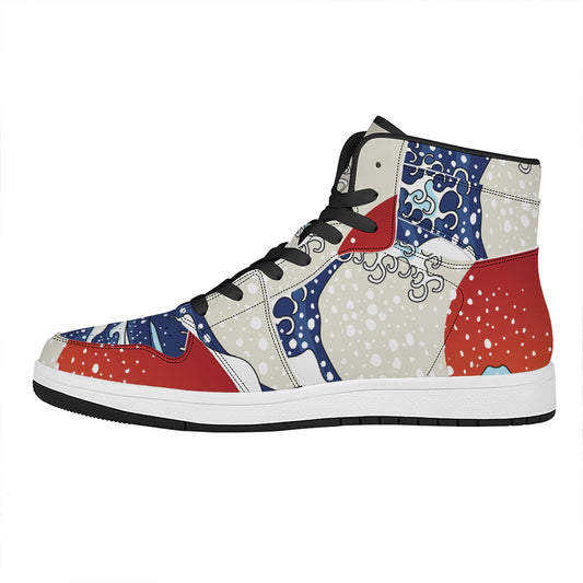 Ancient Great Japanese Wave Print High Top Leather Sneakers