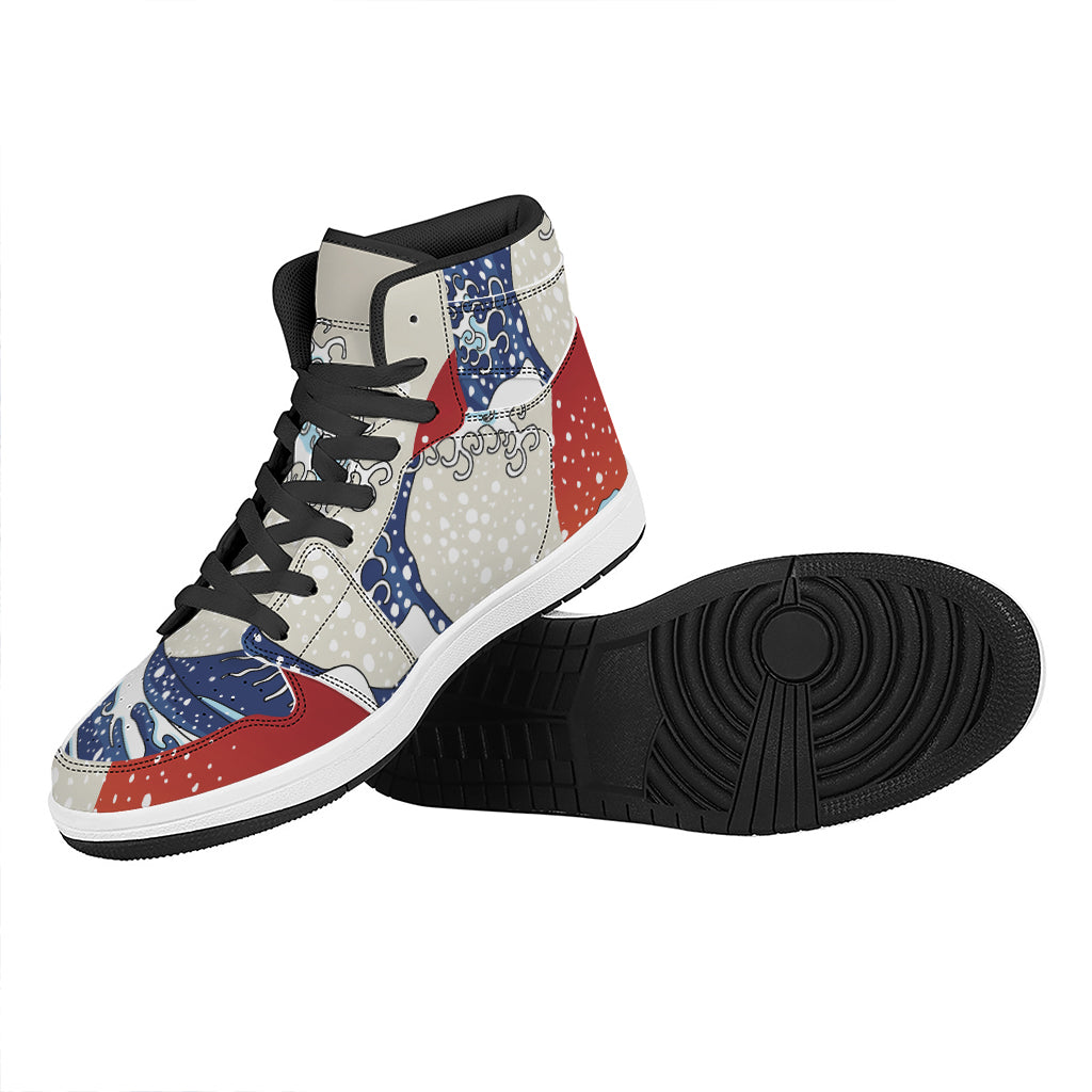 Ancient Great Japanese Wave Print High Top Leather Sneakers
